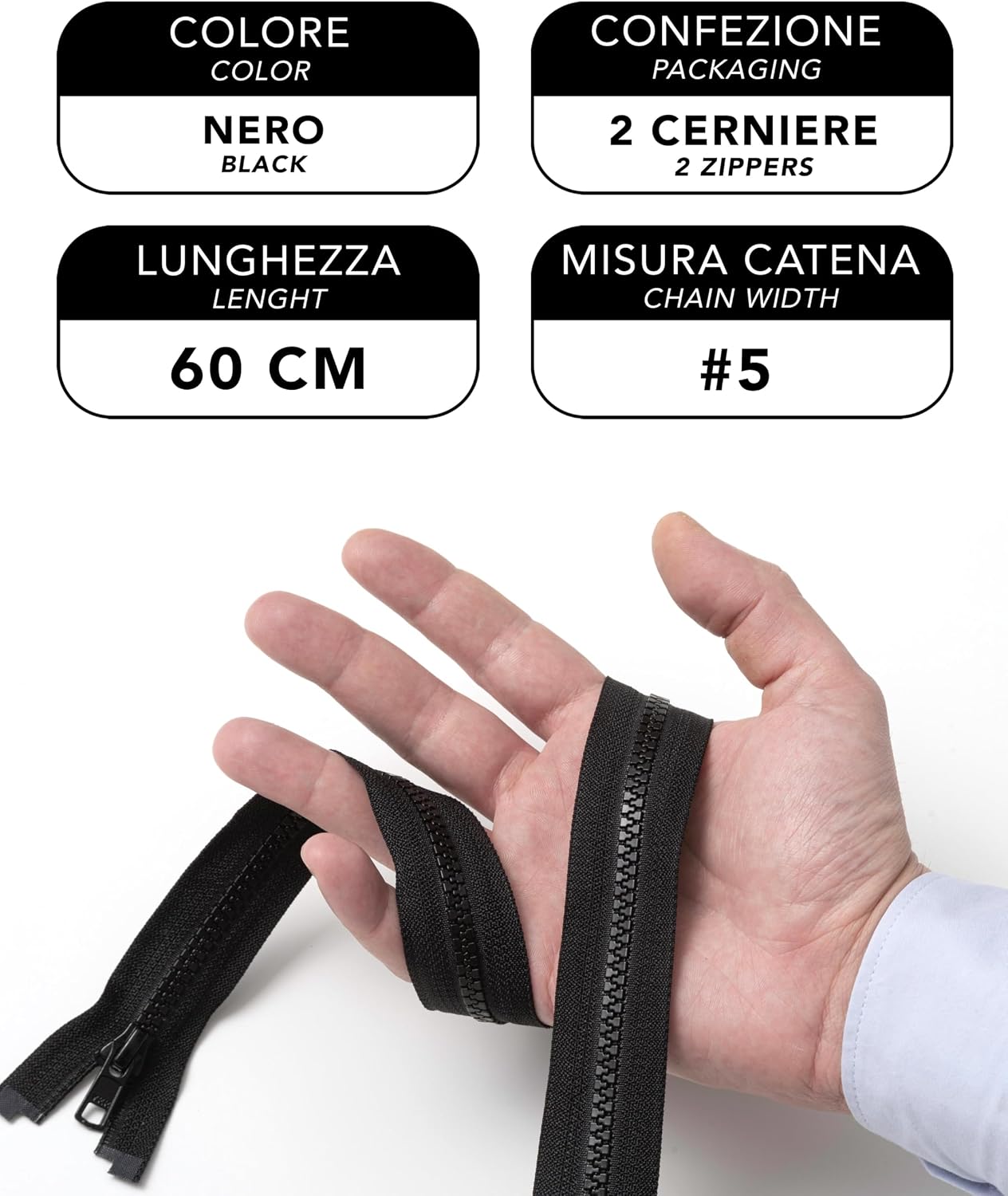 IPEA Black Zip 60 cm Long Black – 2 Pieces – Chain Size #5 – Divisible Zippers for Glare Sewing Furniture Jackets – Zip – Width 30 mm – Black