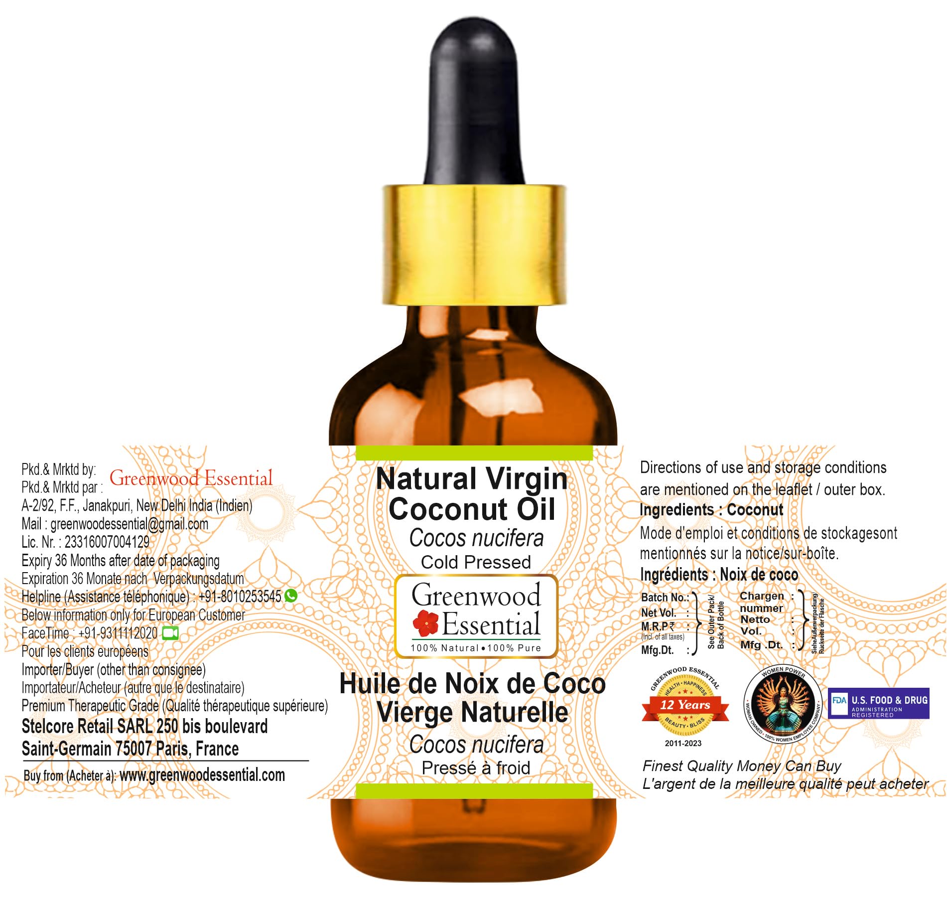 Greenwood Essential Olio di cocco vergine naturale (Cocos nucifera) con contagocce in vetro pressato a freddo 100 ml X 3 (10 oz)