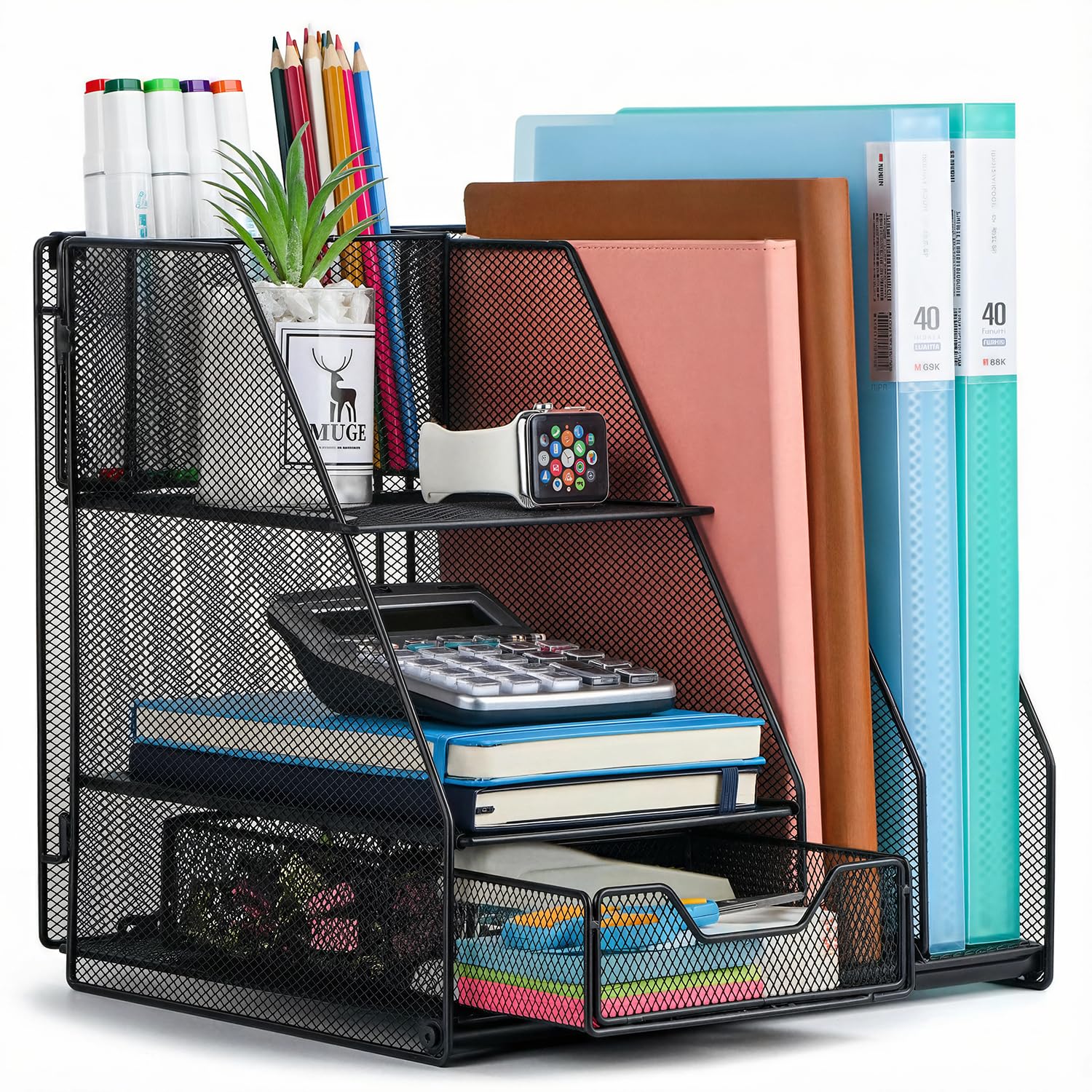Organiseur de bureau Yungeln, Noir - Multifonctionnel & Pliable avec 2 tiroirs, porte-stylos, pour bureau & home office, porte-dossiers & rangement de documents