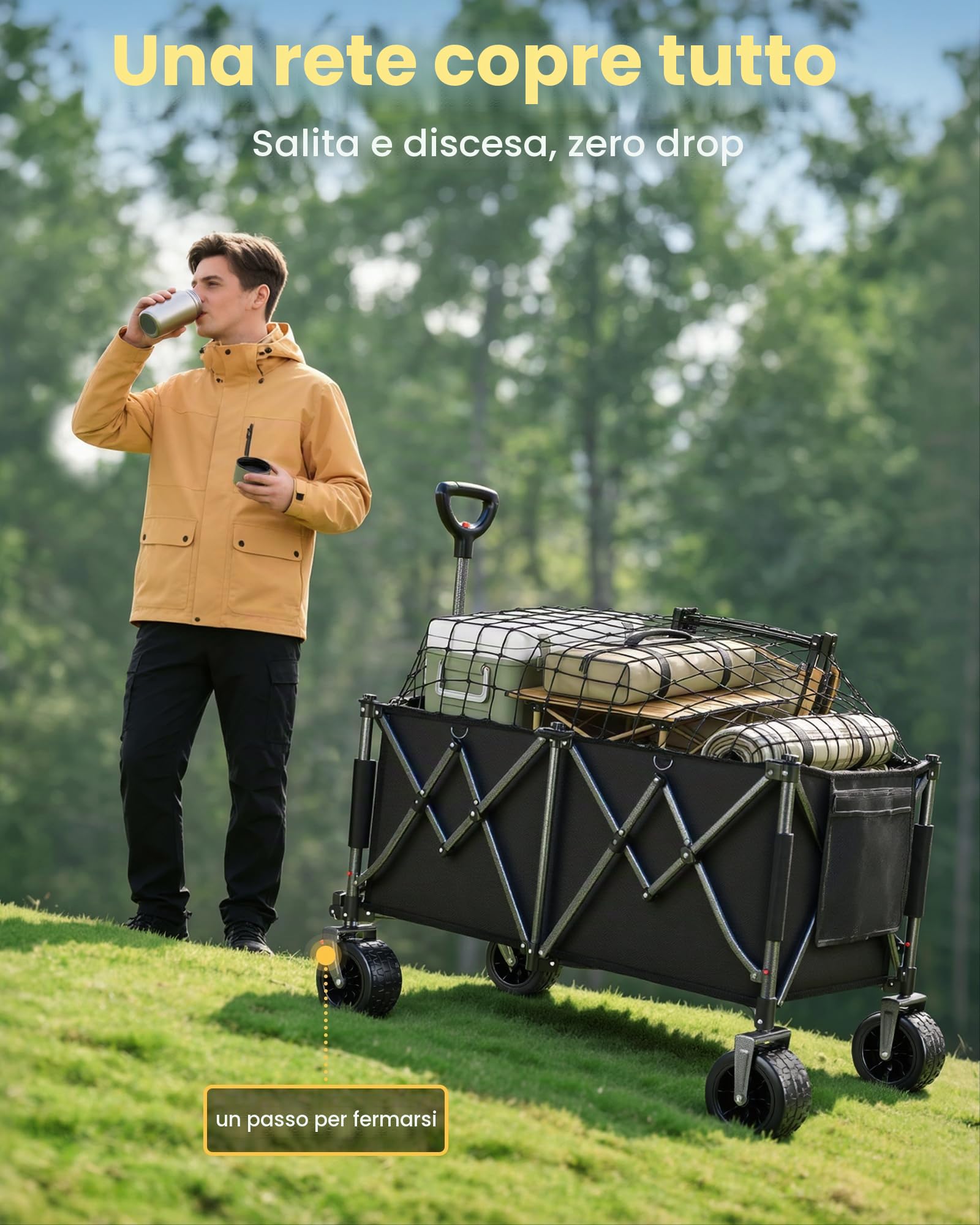 YEAUPE PRO Carrello Spiaggia Pieghevole XXXL – Doppi freni, doppia forcella rinforzata, ruote grandi, manico regolabile, rete elastica inclusa, carrello con ruote portatutto – 250kg/260L, Nero Carbone