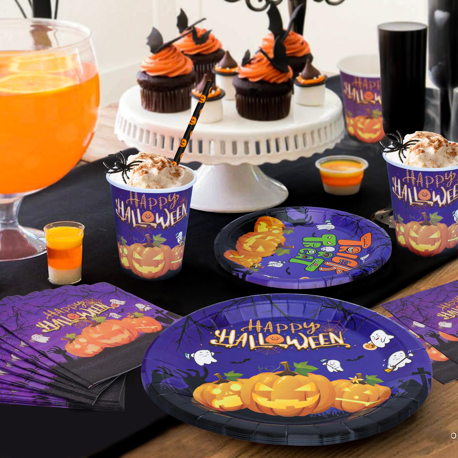 Halloween Tableware Set for 10 People, 50Pcs Decoration Paper Dinnerware With Reusable Plates, Napkins, Cups - Image 3