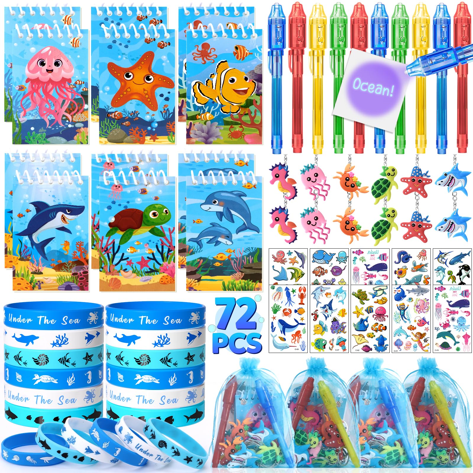 Kit Compleanno Tema Mare - 72 Gadget Con Sacchetti, Penna UV E Tatuaggi Per Bambini - Foto 10