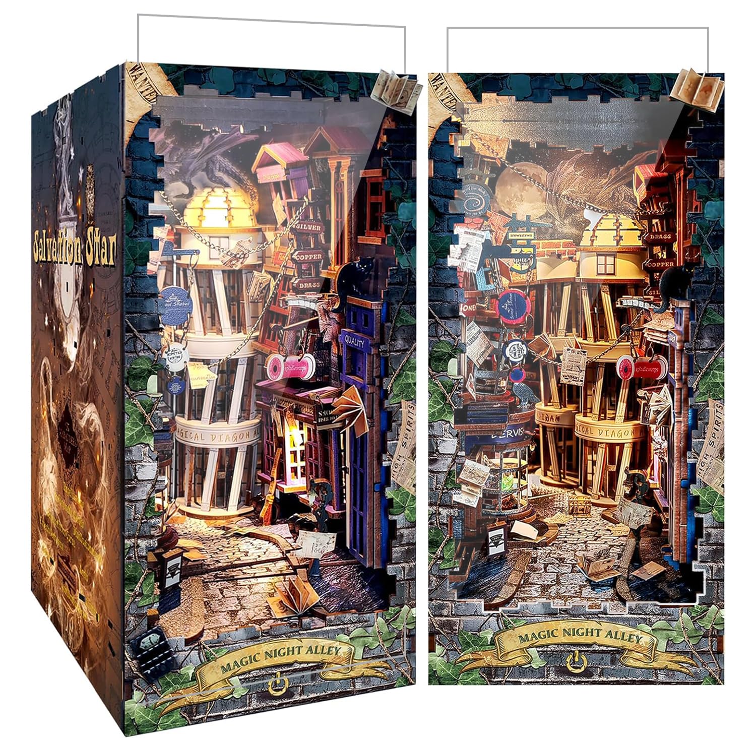 RONSTONE Book Nook - Vicolo Magico Notturno Casa Delle Bambole con Copertura Antipolvere e Luce LED - Puzzle 3D Fermalibri in Legno Inserto per Libreria Regalo Creativo
