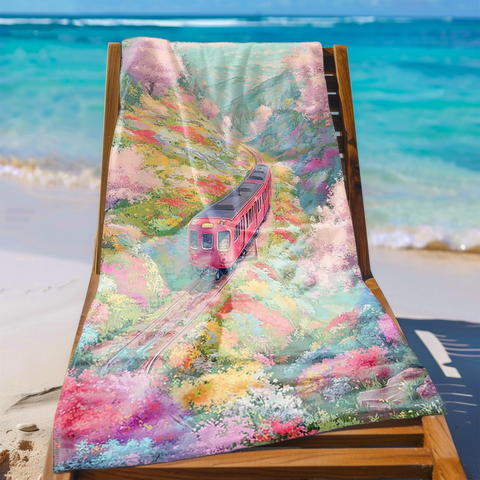 Tapis de Plage XXL Anti Sable Train, Fleurs Roses Serviette Piscine Adulte,Natte De Plage Pliable, Voyage Accessoires De Plage Camping,Serviette de Bain Personnalisée