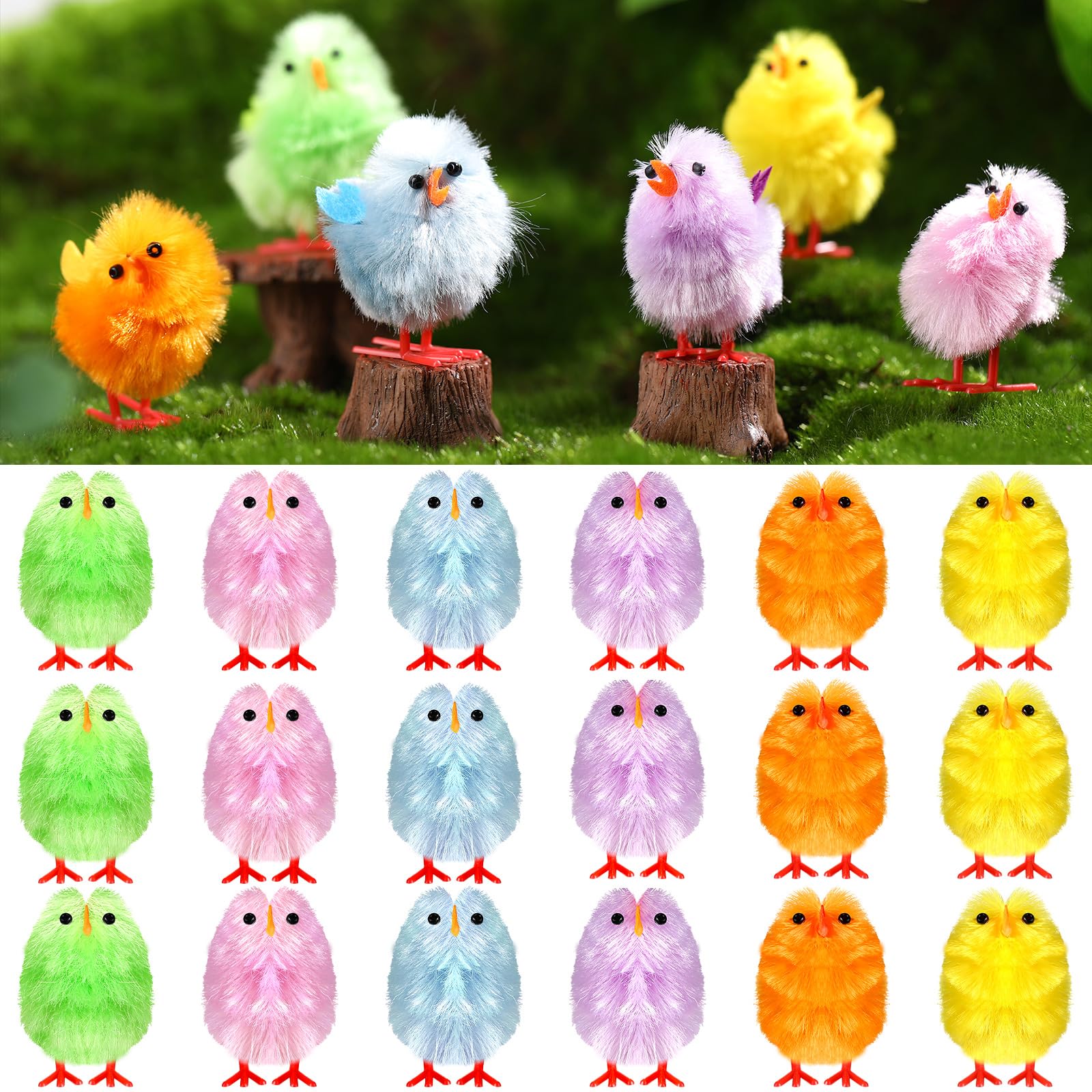 Leitee24 Pcs Mini Easter Fur Chicks 1.57'' High Multicolor Easter Chick Soft Fluffy Chicks Small Easter Chick Toy for Party Favors Easter Nest Egg Decoration