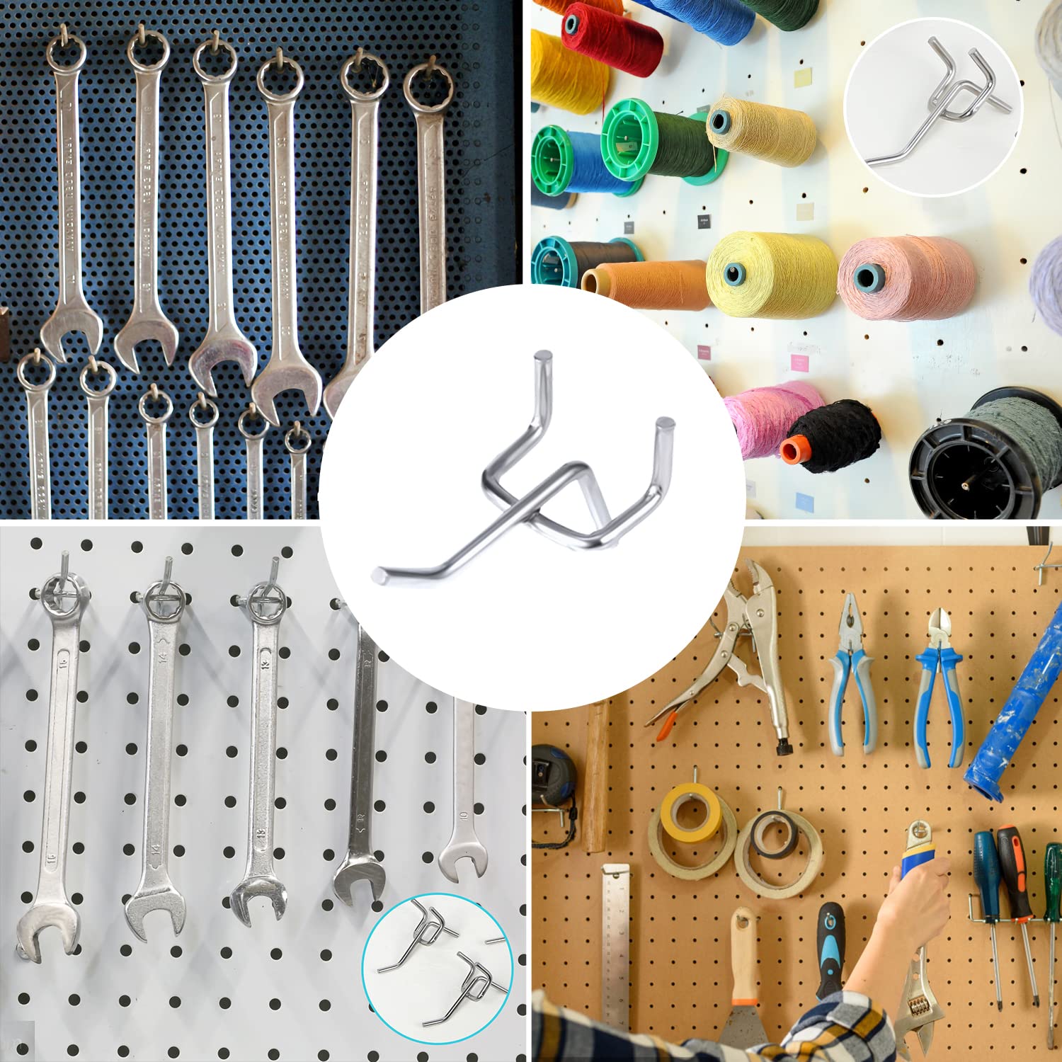 SAVITA 50 pezzi Ganci per Pannelli Forati, Spaziatura Tra i Fori 25 mm 32 mm di Spessore 50 mm di Lunghezza Pegboard Hooks per Espositori da Parete con Pioli Attrezzi Ripostiglio Per Garage (Argento)