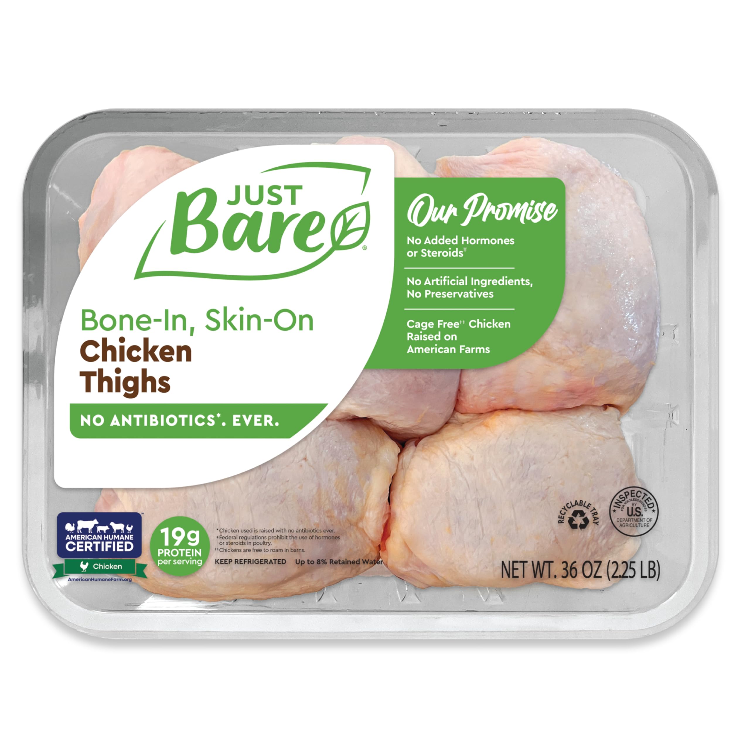 Just Bare® Natural Fresh Chicken Thighs | Family Pack | No Antibiotics Ever | Bone-In | 2.25 LB