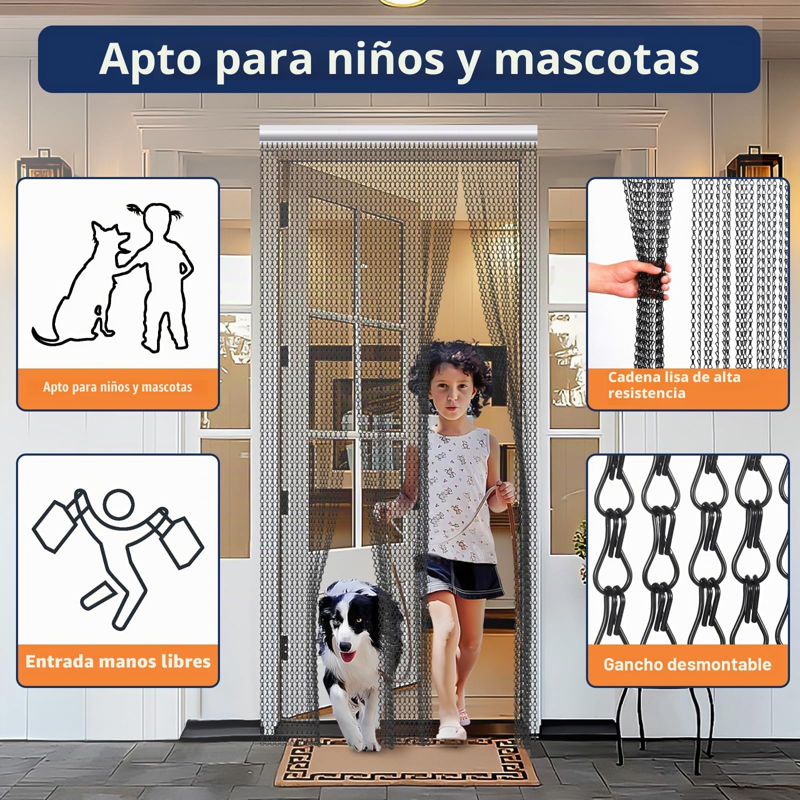 Cadenas mosquiteras para puertas, color negro, 80 x 200 cm, cadena de aluminio, mosquitera de metal, persianas para mantener fuera las moscas