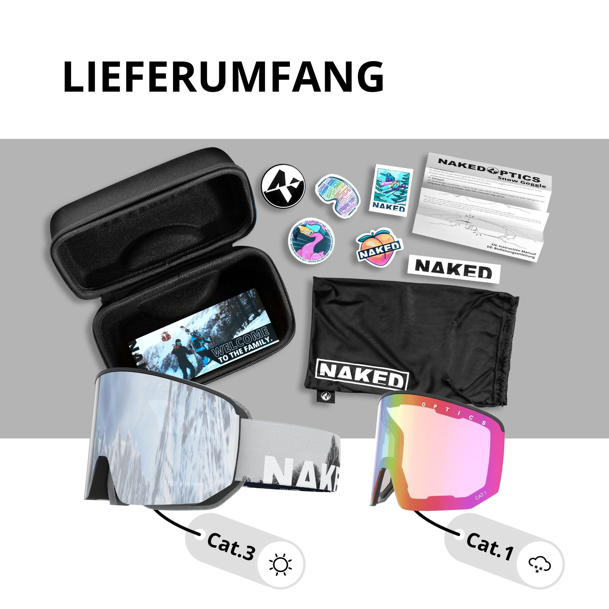NAKED Optics NOVA Skibrille Männer, Ski Brille Frauen, Snowboardbrille, Ski-Brille schlechtes Wetter, Schibrille mit optionalen Wechselgläsern, Skiing Goggles
