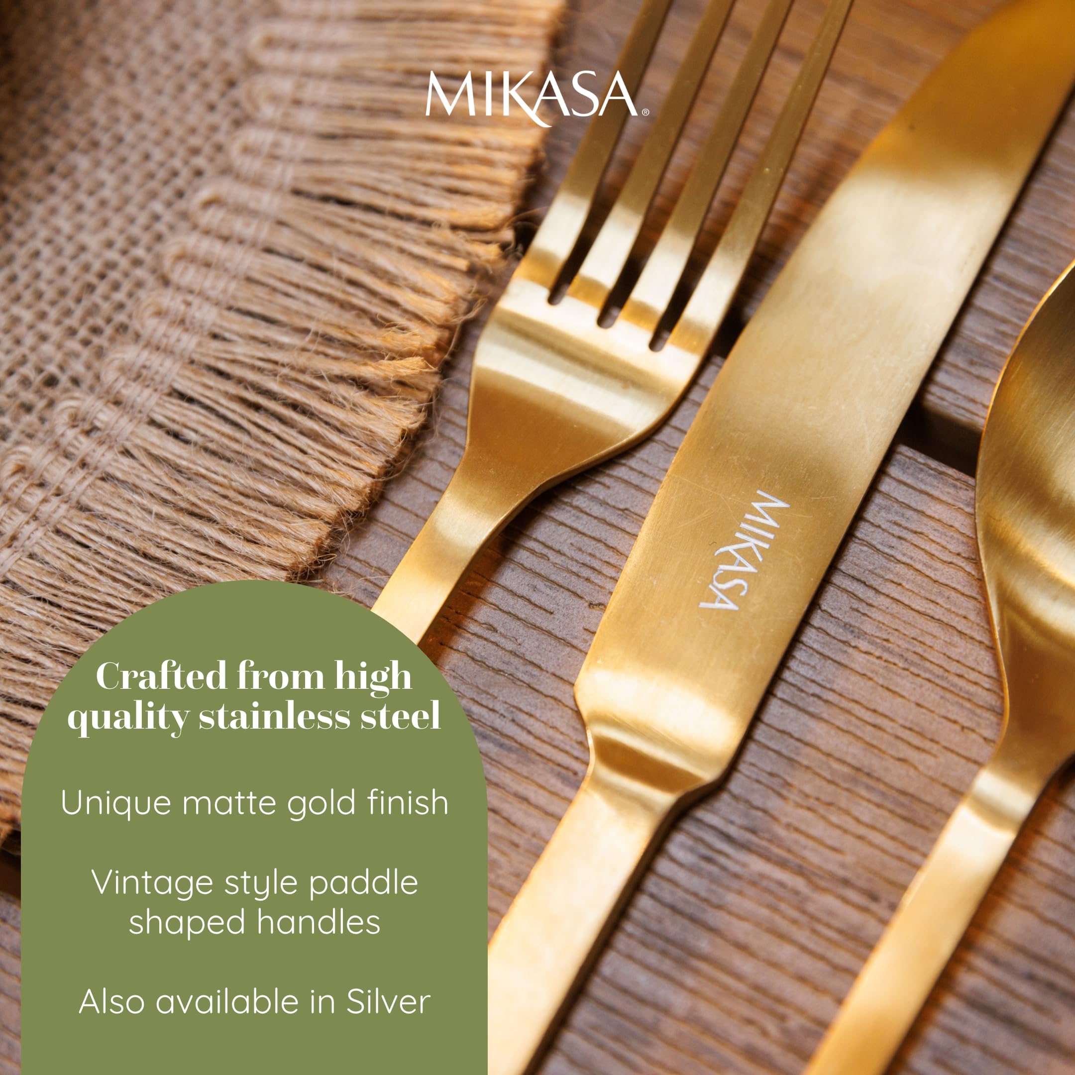 Mikasa Soho Gold 16pc Edelstahl Besteck Set, Gold Besteck Set für 4 | Enthält 4x Messer, 4x Gabeln, 4x Dessertlöffel und 4x Teelöffel - Spülmaschinenfest