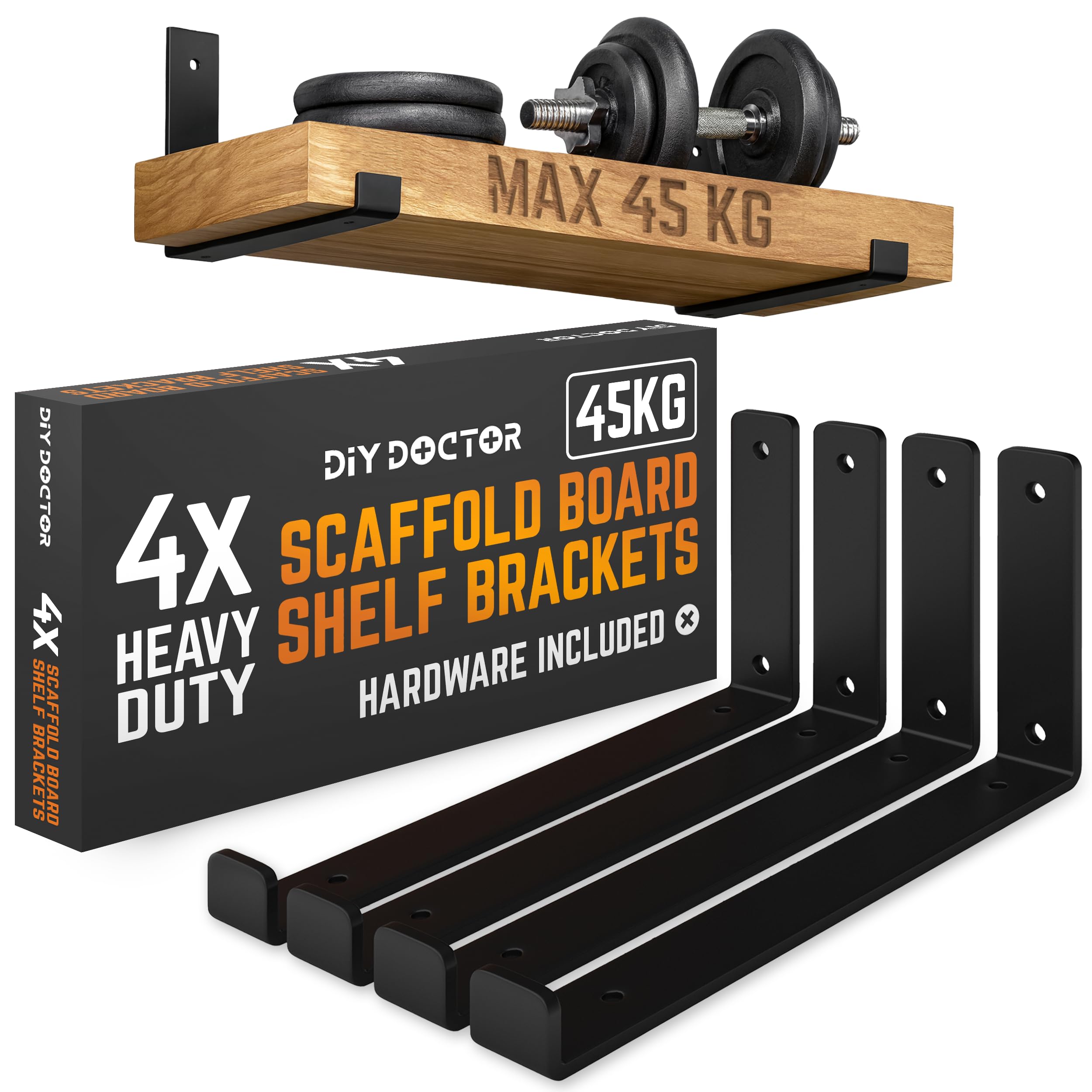 DIY Doctor Heavy Duty Scaffold Board Shelf Brackets, Set of 4, 23.5cm, Black Industrial & Rustic Metal Shelf Supports, Wall-Mounted Storage & Home Décor