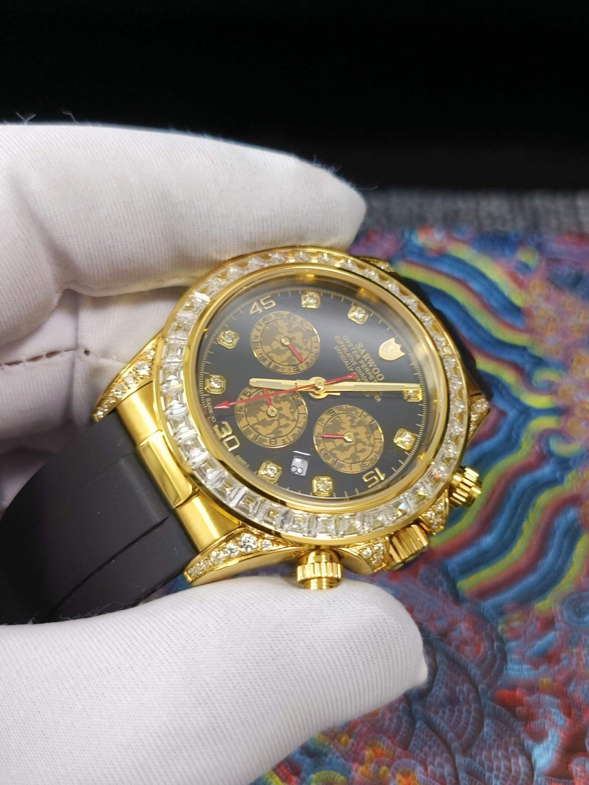 Sarwo Luksusowe mechaniczne zegarki męskie z chronografem, pozłacane, automatyczny wielofunkcyjny zegarek sportowy