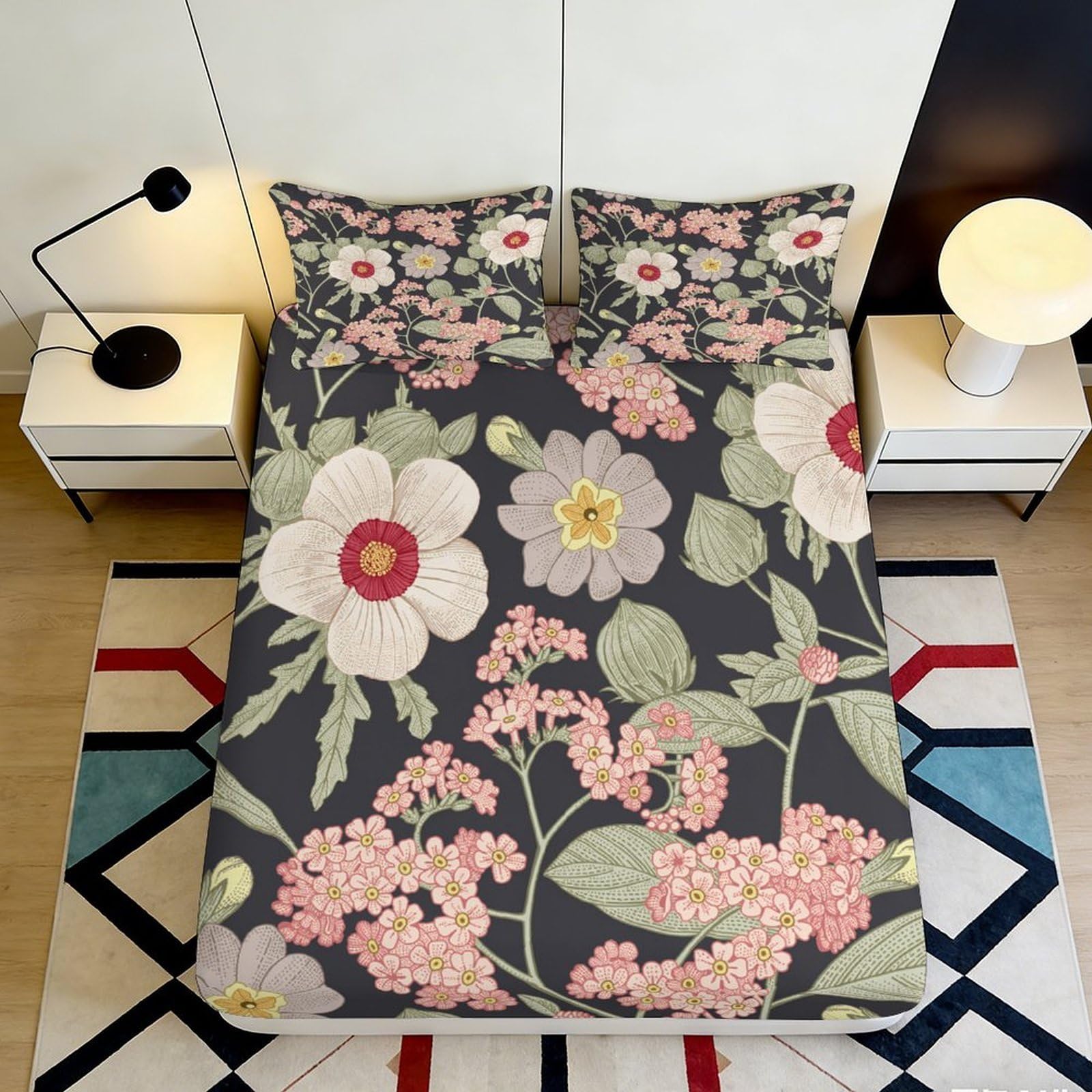 3D Printed Vintage Floral Fitted Sheet Microfiber Soft Breathable Botanical Blossom Mattress Cover for Bedroom Dorm Decor 90x200x25cm