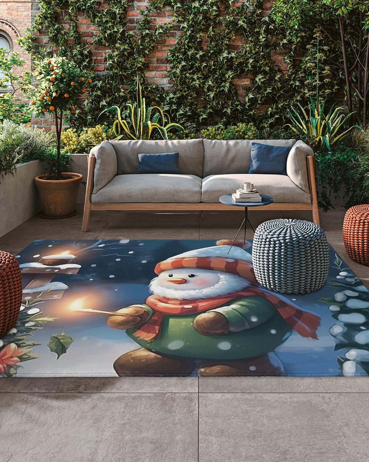 Outdoor Rug, Christmas Snowman Hat Scarf Candle Tree Leaf Flower Winter Absorbant Non-Slip Area Rugs Mat Carpet for Patio Balcony Porch Backyard Deck Rv Camping 4x6 ft