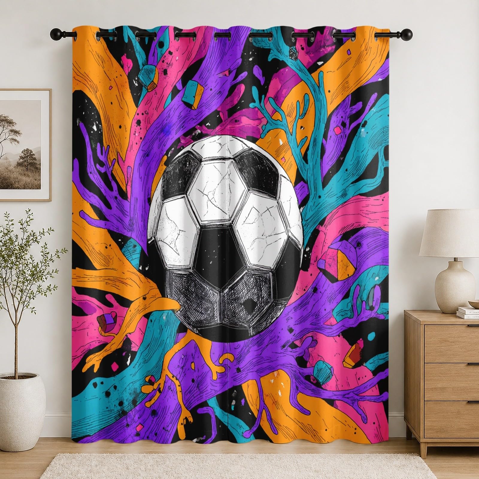 Rideaux occultants chambre enfant thème football art graffiti coloré pour fenêtre salon