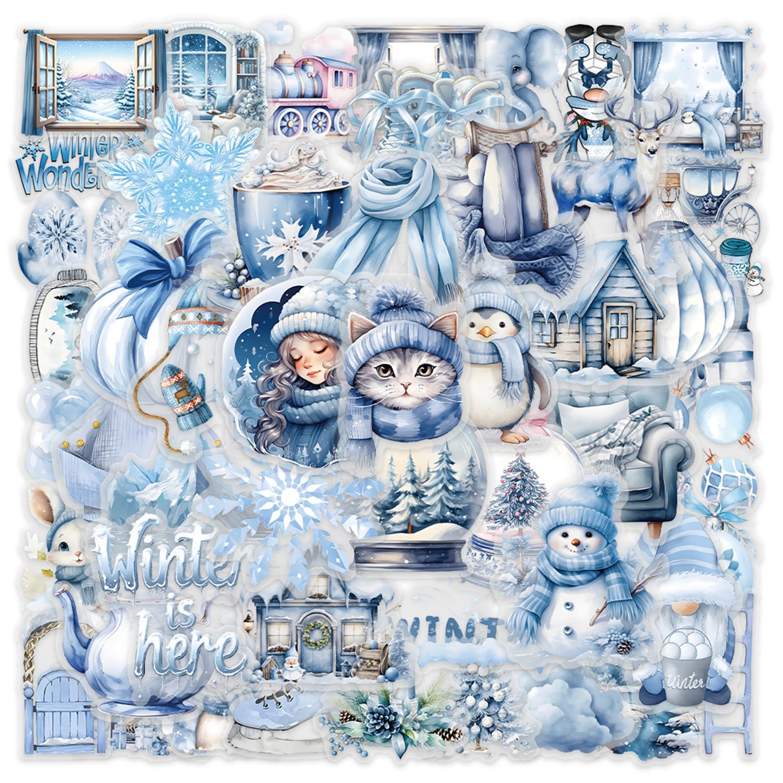 50PCS Winter Transparent PET Stickers, Waterproof Snowman Snowflake Stickers for Birthday Party Favors Supplies Decorations for Scrapbook (Winter)