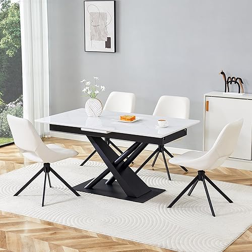 Miniatura 3 de Juego de 2 sillas de comedor, sillas de escritorio blancas sin ruedas, retorno automático inteligente de 180, respaldo ergonómico, cuero impermeable