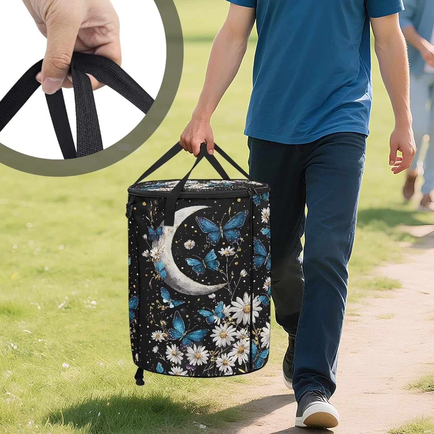 doginthehole Daisy Butterfly Moon Portable Trash Can Large Foldable Big Camping Can with Lid Storage Bag Pop Up Trash Cans for Parties, 22.83x17.71 in