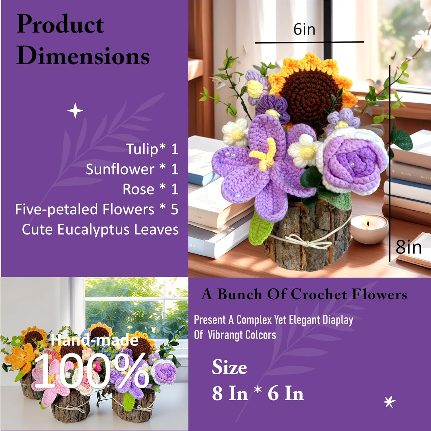 Crochet Flowers, Sunflower Tulip Rose in Wooden Basket, Crochet Flower Bouquet, Carnation, Preserved Flower, Handmade Knitted Bouquet for Mother Birthday Home Decor Girlfriend (Purple)
