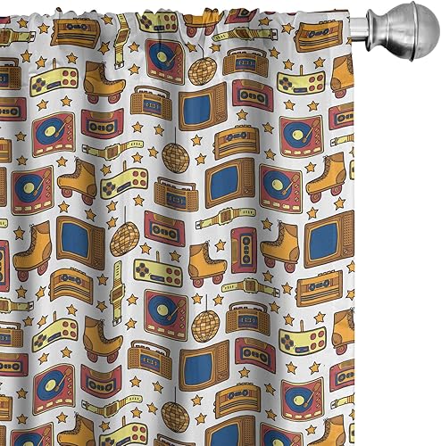 Ambesonne Cortinas de ventana de los años 90, tema de los años 90 con dispositivos de casa de estilo antiguo, zapatos de patinaje, estilo divertido