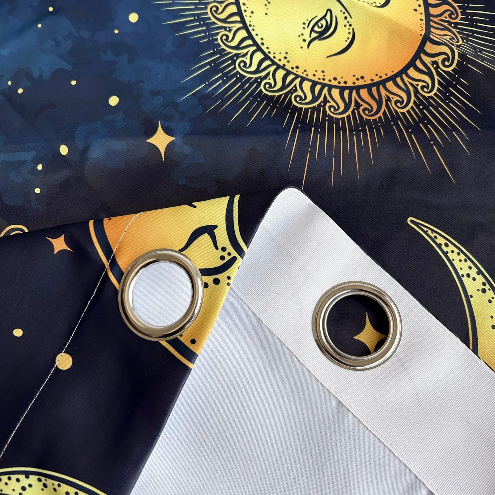 ANHOPE Sun Moon Stars Curtains Eyelet Ring Top Blackout Thermal Insulated Curtains Boho Style Blue Night Sky Background Print Pattern Soft Window Drapes for Bedroom Living Room 46 x 54 Inch 2 Panels - Image 4