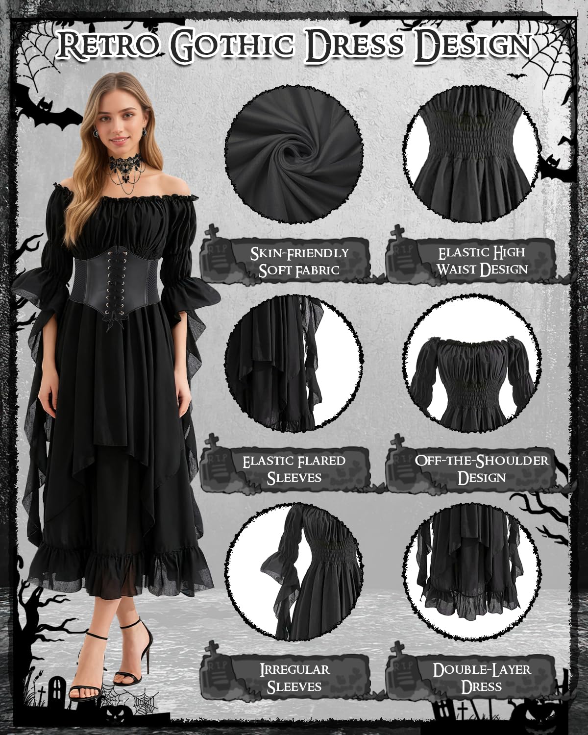 Gothique Maille Robes Longues, Épaules Dénudées Robes Longues à Lacets, Robe Médiévale pour Femme À Manches Trompette Style Victorien, Renaissance, Gothique Costume pour Carnaval, Halloween, Fête