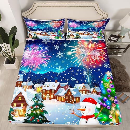 Vista 61 de Erosebridal Sábanas de muñeco de nieve tamaño matrimonial, juego de sábanas de esquí kawaii para árbol de Navidad, sábana bajera ajustable