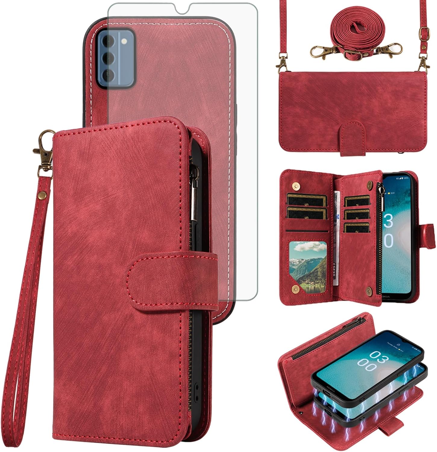 Asuwish Phone Case for Nokia C300 Zipper Wallet Detachable Magnetic Cover with Tempered Glass Screen Protector Crossbody Lanyard Strap Flip Card Holder Slot C 300 300C TA-1515 2023 Women Girls Brown