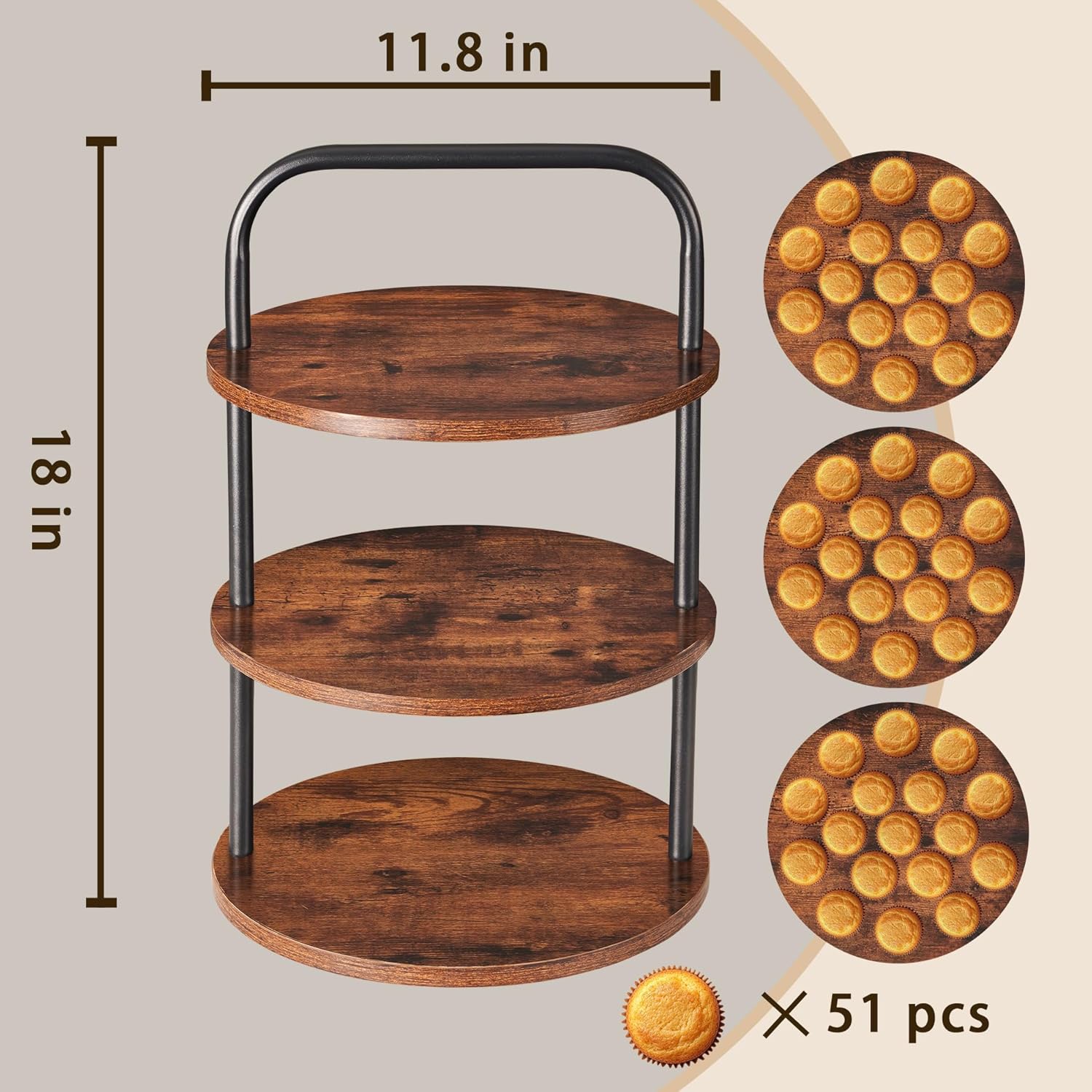 Cupcake Stand, Tower-Style for 50 Cupcakes - Large 3-Tier Dessert Table Display & Serving Tray Set, Tiered MDF Cake Stand for Wedding Birthday Baby Shower (1 Pack) - Image 7