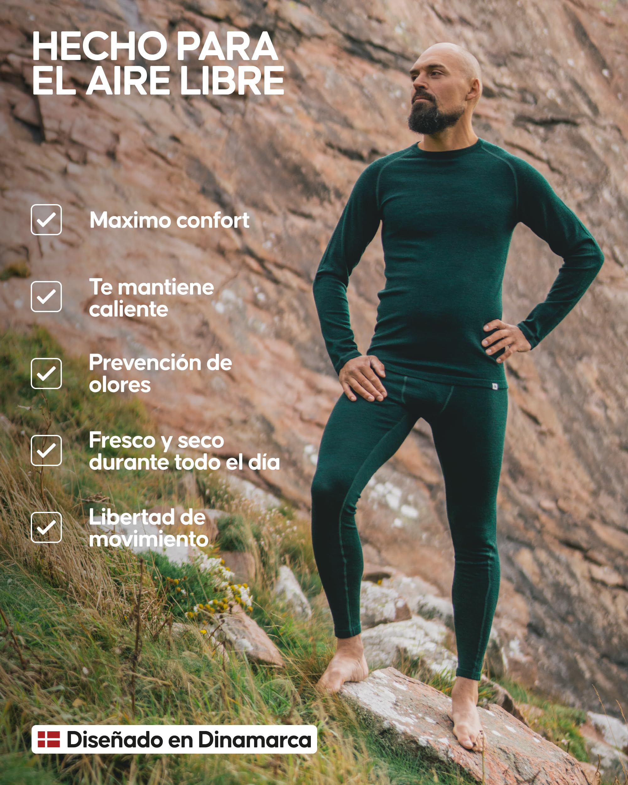 DANISH ENDURANCE Conjunto Térmico Lana Merino Hombre, Camiseta Térmica y Pantalon, Ropa Interior Lana Merino