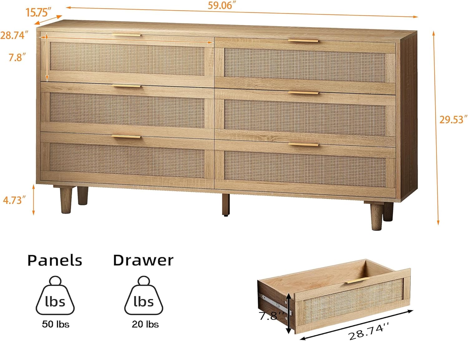 Large Rattan Dresser for Bedroom, Modern 6 Drawer Double Dresser with Gold Handles, Natural Rattan Bedroom Dresser for Closet, Wood Storage Chest of Drawers for Living Room, Hallway (Natural)