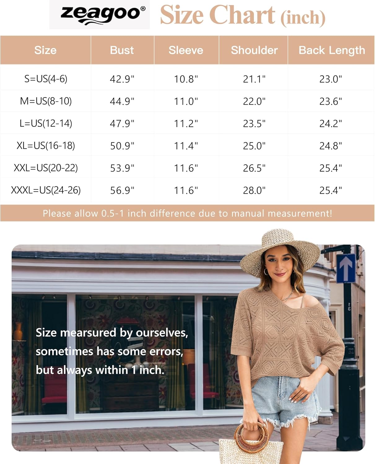 Zeagoo レディース 夏 かぎ針編み オフショルダー ホローアウト ニット トップス 2025 Vネック 3/4スリーブ セータ