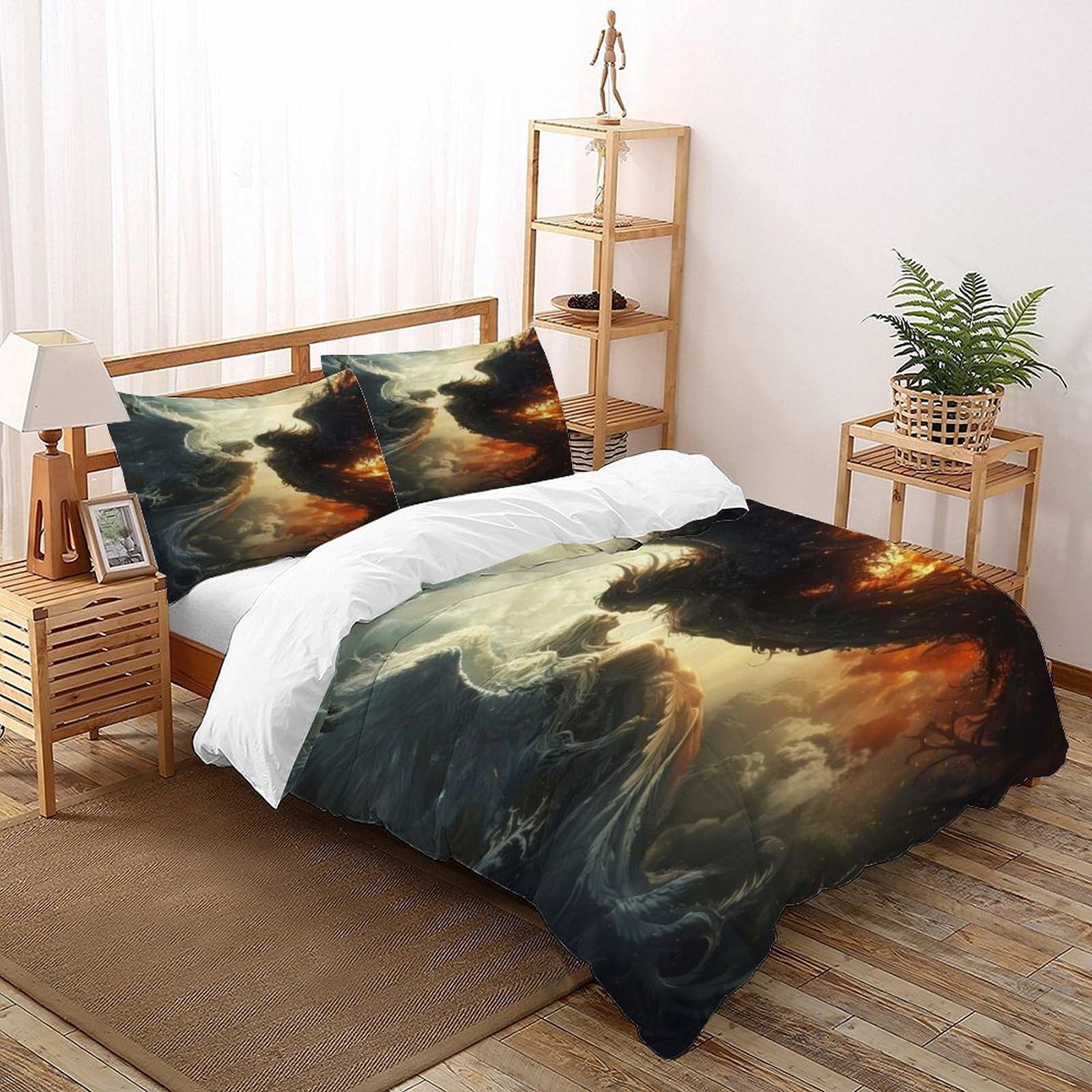 Housse de couette 260x220 gothique Ange Démon anti-glissement avec 2 taies d'oreiller