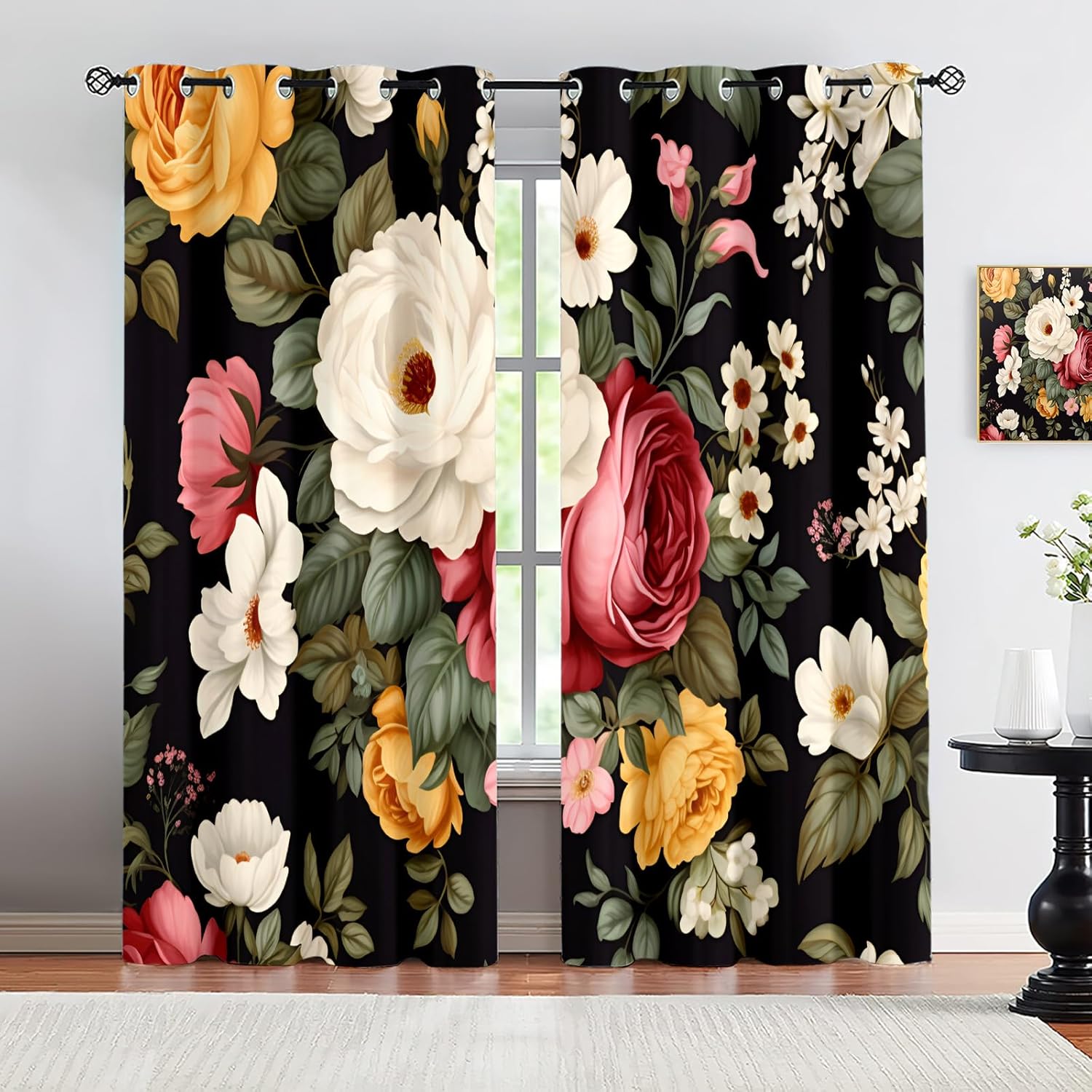 Elegance Floral Window Treatments 39 inch Long 2 Panels Set, Spring Flower Blackout Curtains for Living Room,Black Grommet Thermal Curtains for Kitchen Apt, Botanical Home Decor Drapes