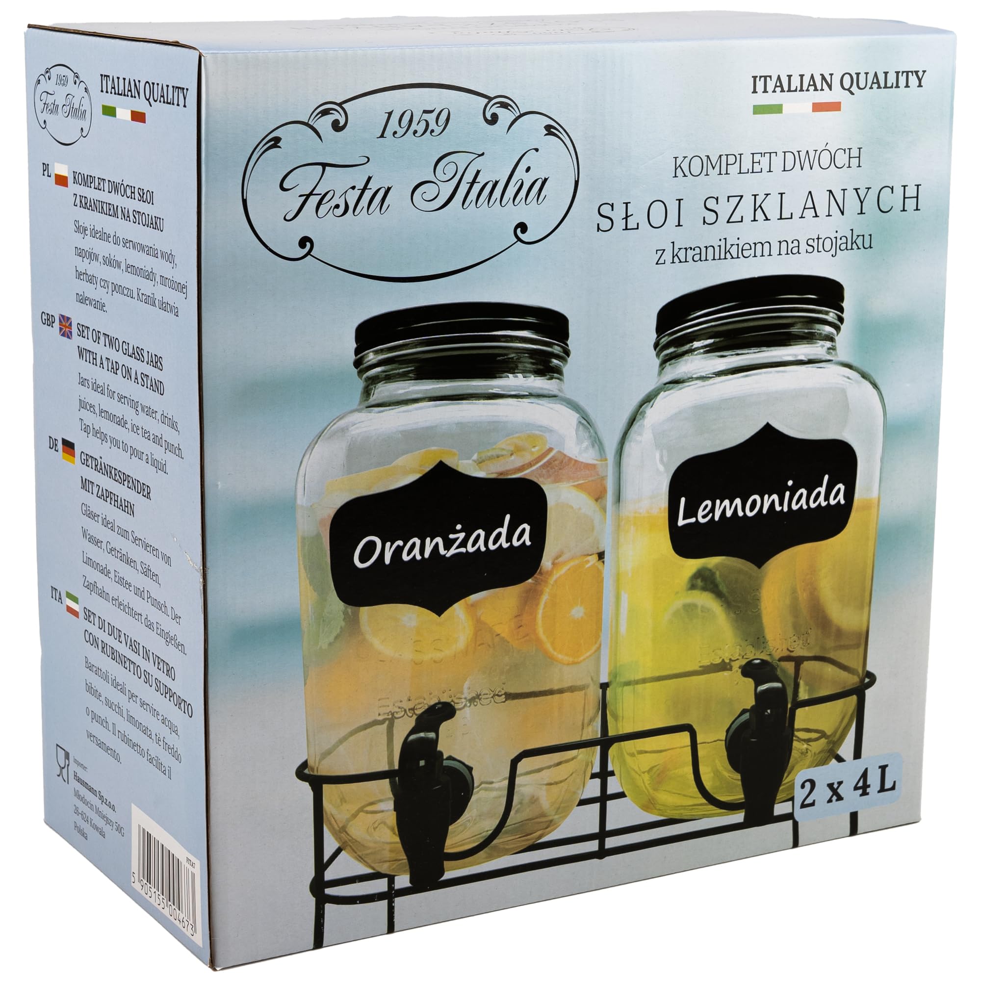 Dispenser Bevande Con Rubinetto 2x4L Con Supporto - Set 2 Dispenser Acqua In Vetro Per Limonata, Succo, Tè Freddo E Cocktail, Caraffa Con Rubinetto E Coperchio
