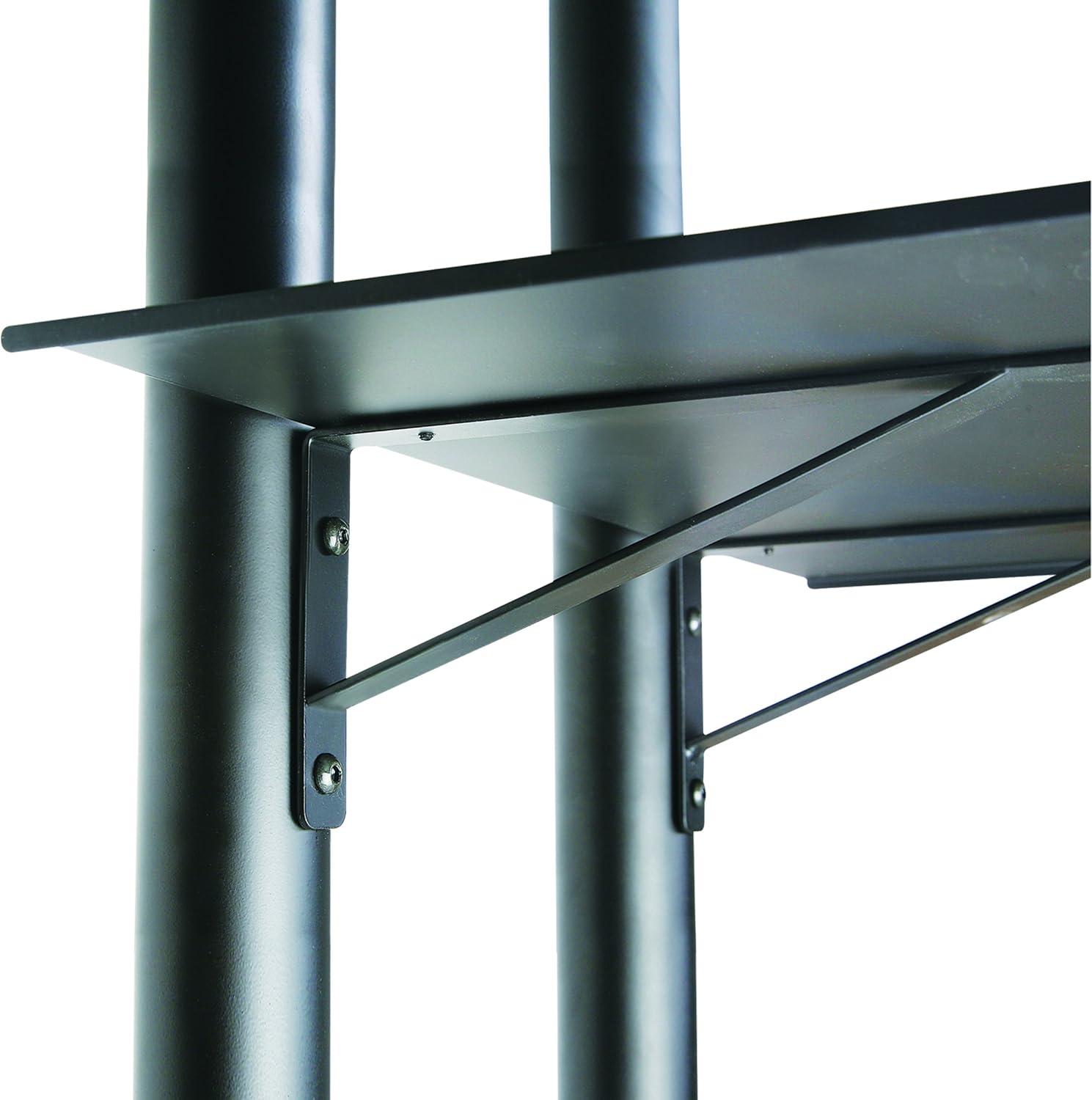 Close-up view of the accessory shelf attached to the stand's columns.