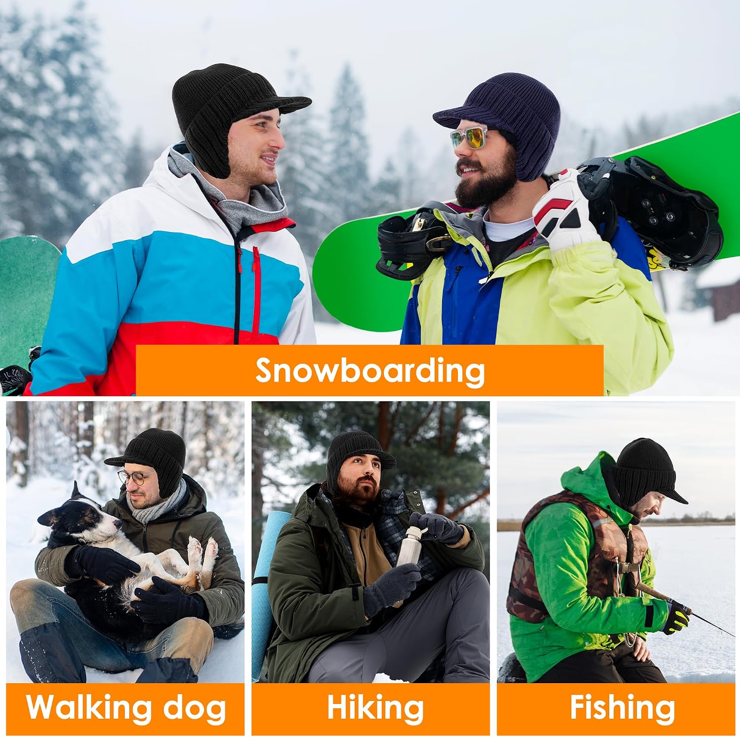 Winter Beanie with Brim and Ear Flaps for Men, Knitted hat with Fleece Lining for Warmth Caps for Men Women