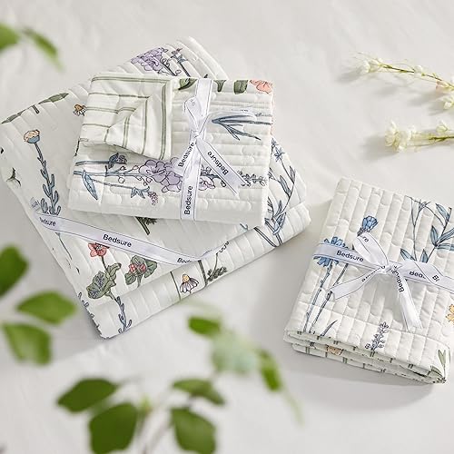 Miniatura 7 de Bedsure Juego de edredón floral blanco, juego de ropa de cama reversible tamaño Queen, colcha ligera de 3 piezas, juego de edredón botánico suave