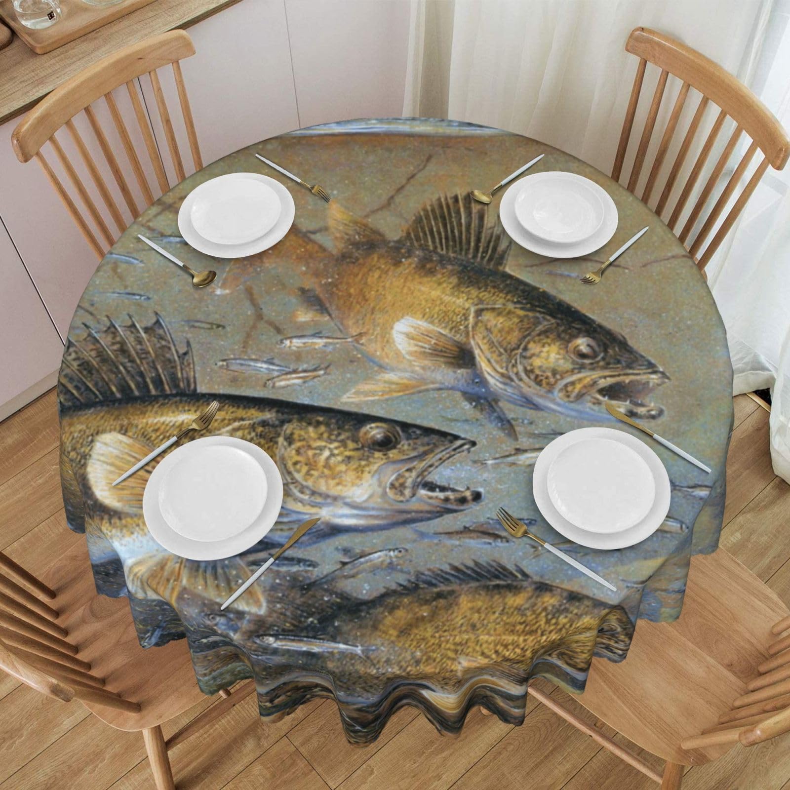 DCEHGEW 60 In Round Tablecloth with Lace, Fishing Lake Fishermen Printed Oilproof & Washable Fabric Picnic Table Cloth Table Covers