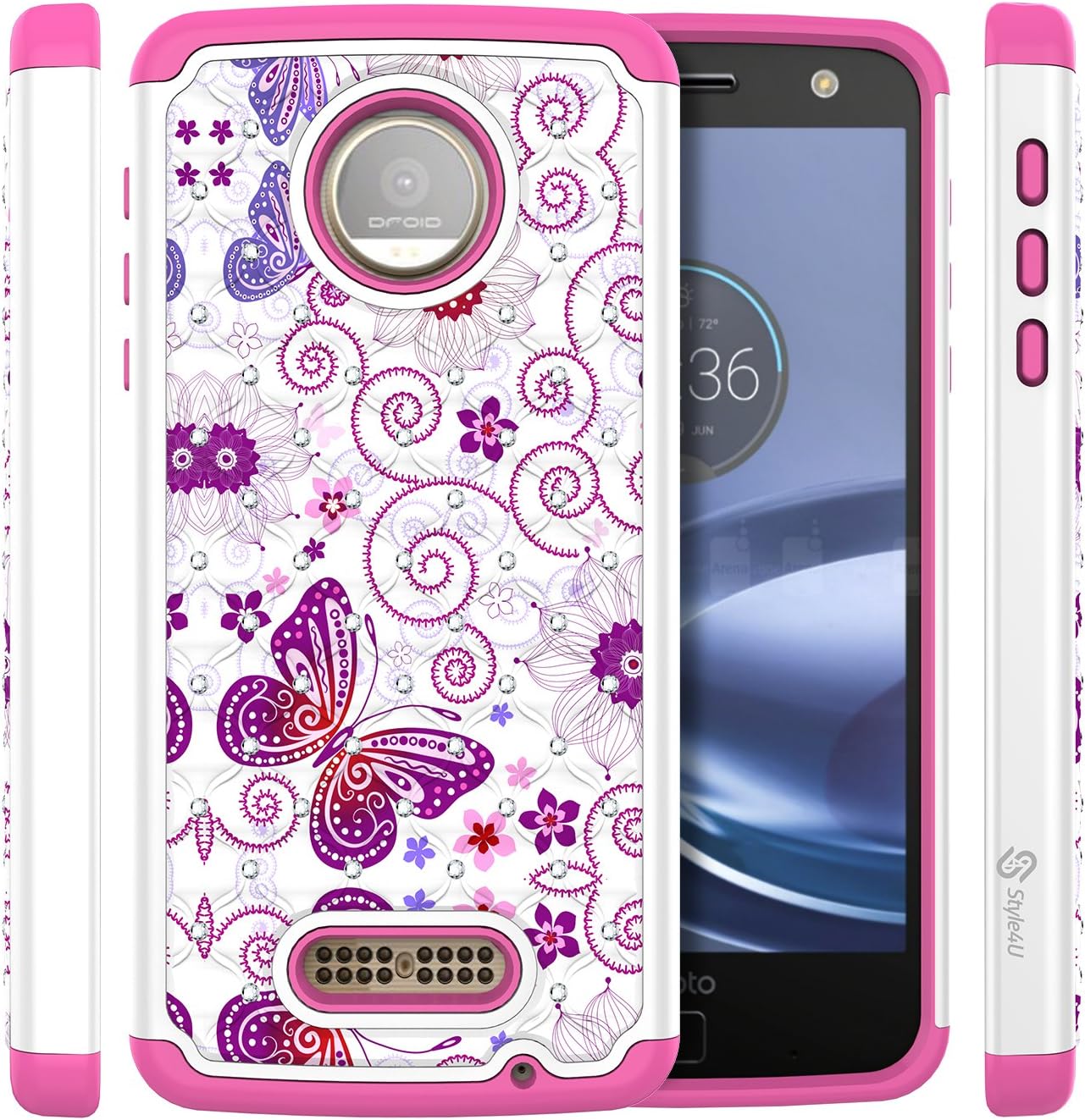 Style4U Moto Z Force Case, Moto Z Force Droid Case, Butterfly Studded Rhinestone Crystal Bling Hybrid Armor Case for Motorola Moto Z Force/Moto Z Force Droid with 1 Stylus [White/Hot Pink]