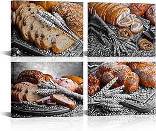 iLOOKLiKE 4 Pieces Black and White Kitchen Wall Art Bread with Wheat Ear...
