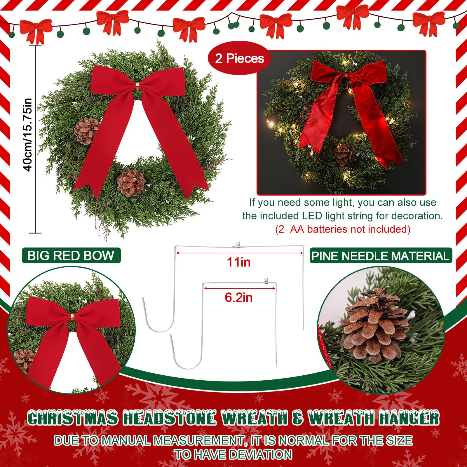 Yuntau Lot de 4 couronnes commémoratives de Noël pour tombes comprenant 2 couronnes de pierres tombales de 40,1 cm, 2 supports réglables en métal pour couronne de pierre tombale (cyprès)