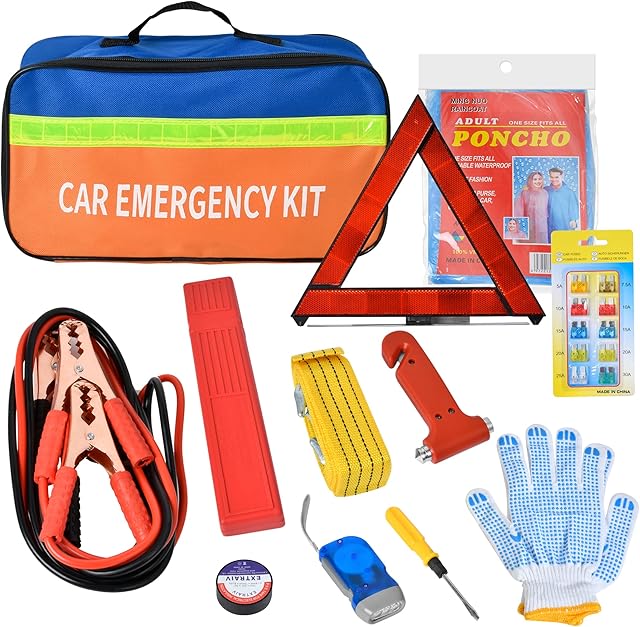 Akamino 11-In-1 Car Emergency Tool Kits, Europe Roadside Assistance Car Essentials Auto Safety Kit With Warning Triangle, High Visibility Vest, Tow Rope, Utility Hammer, Storage Bag