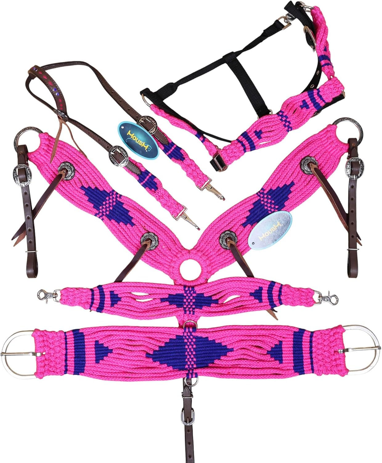 Pink and Royal Mohair Western Headstall Tack Set with 32” Front Girth – Complete Set with Breast Collar, Bronc Halter & Wither Strap – Antique Copper Hardware – Handcrafted