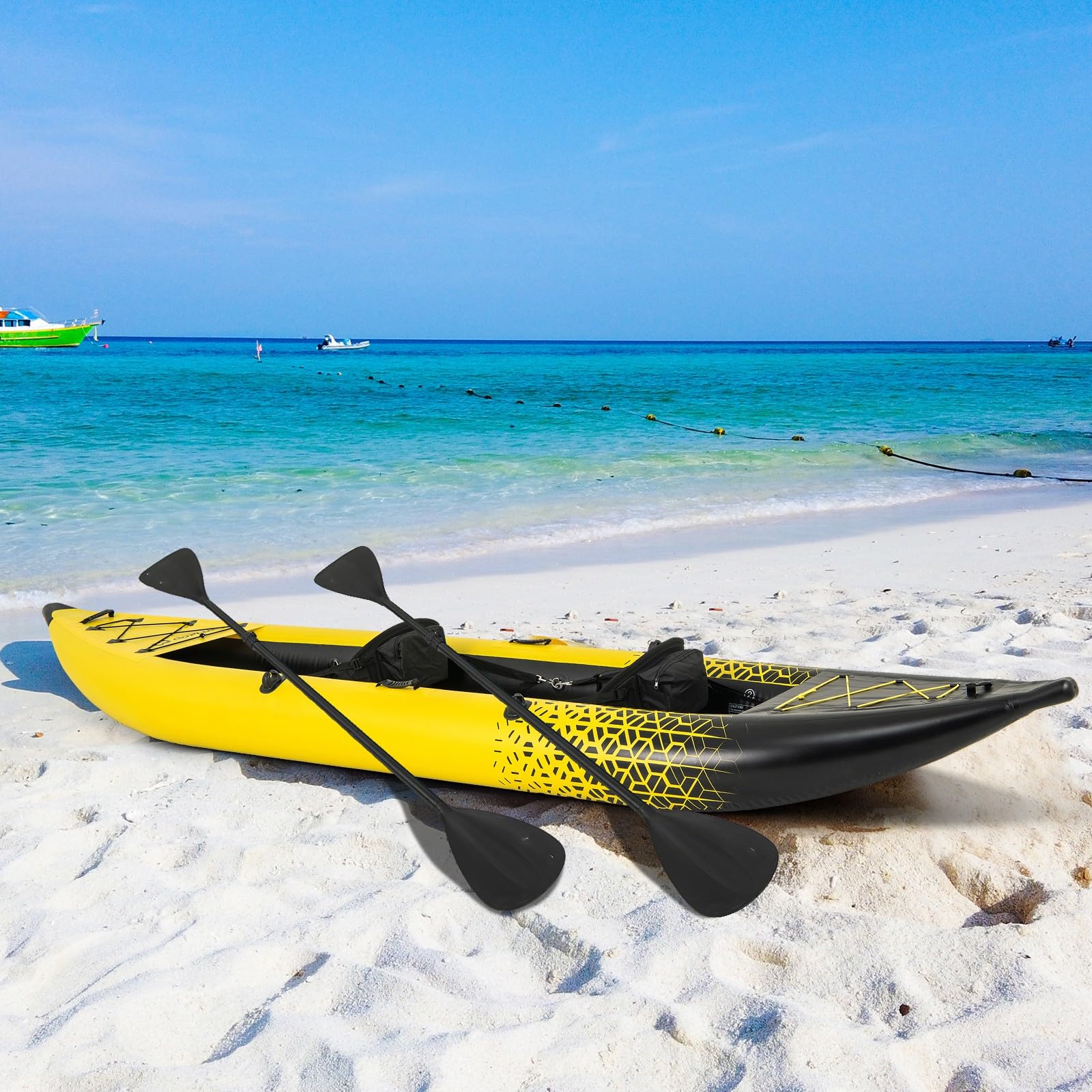 GYMAX Kayak Gonflable pour 2 Personnes, 2 Pagaies en Aluminium, Pompe à Main, 2 Ailerons, Sièges Rembourrés, Repose-Pieds Réglables, Capacité 230 Kg