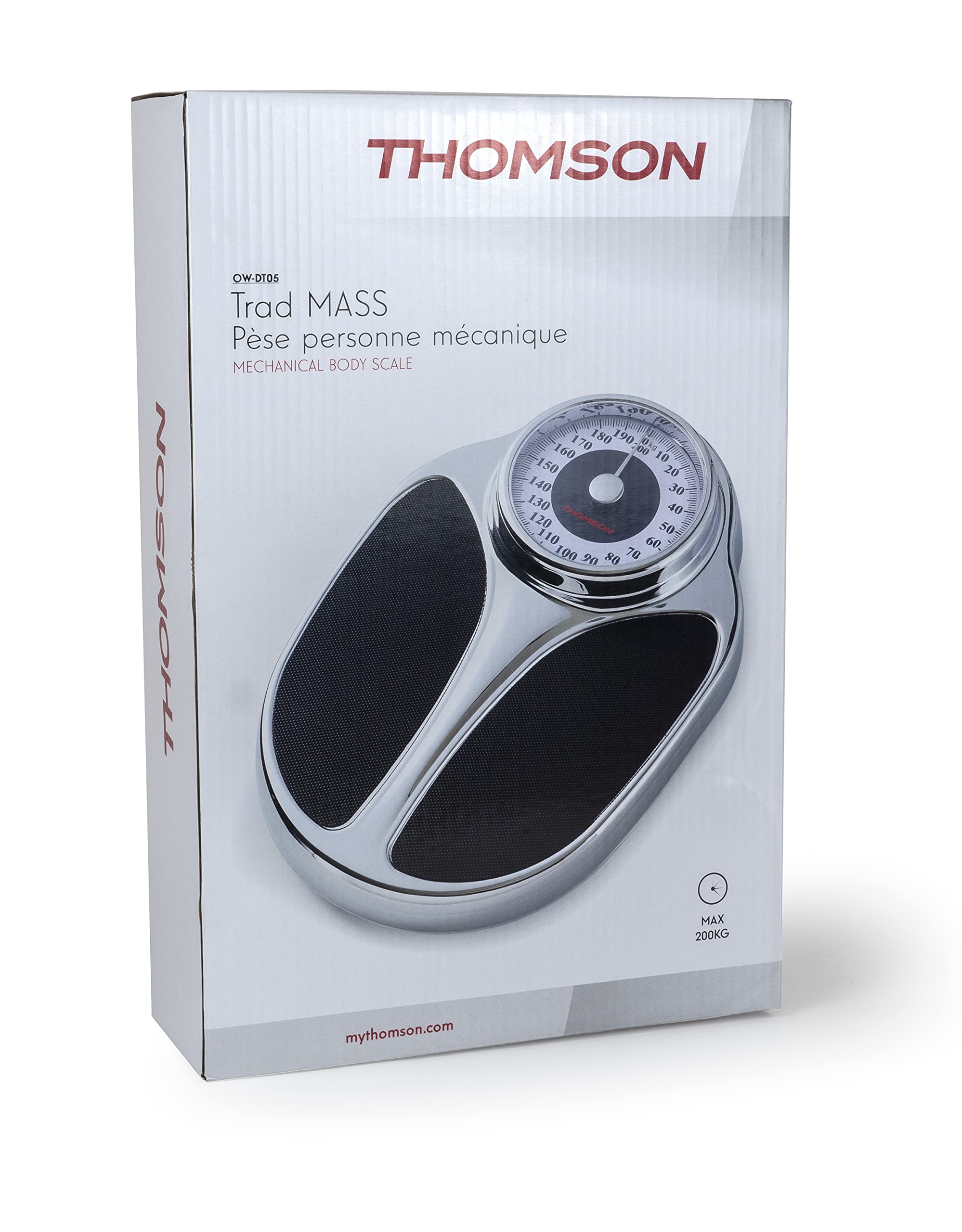 THOMSON Trad Mass Balance Pèse Personne Mécanique jusqu'à 200kg Large Plateau Antidérapant Lisibilité Optimale Style Vintage Finition Chrome sans Pile