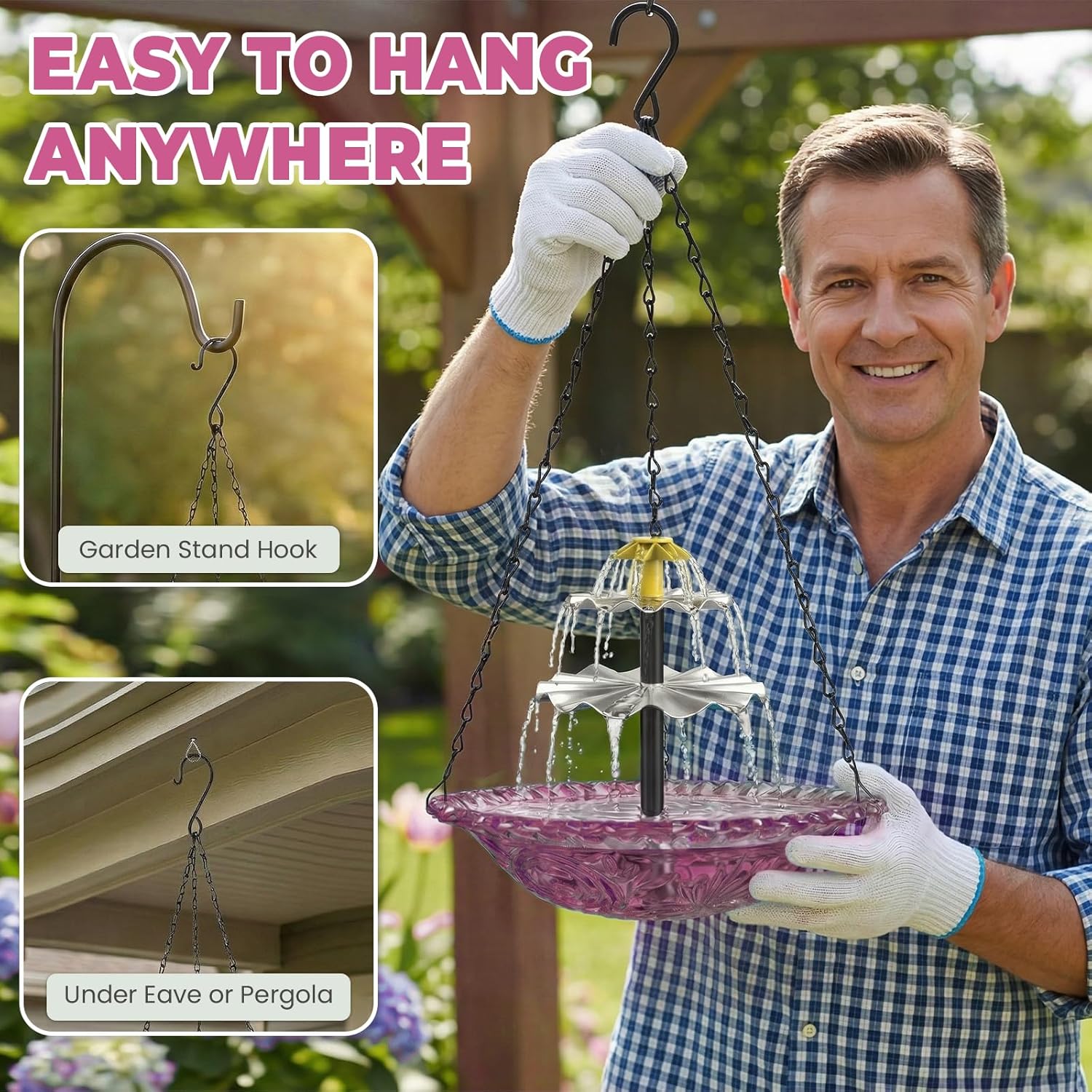 Solar Fountain for Bird Bath, Hanging Cascade Water Feature for Outdoor Garden & Yard Decor, Creates a Relaxing Flow that Attracts Birds (Purple)