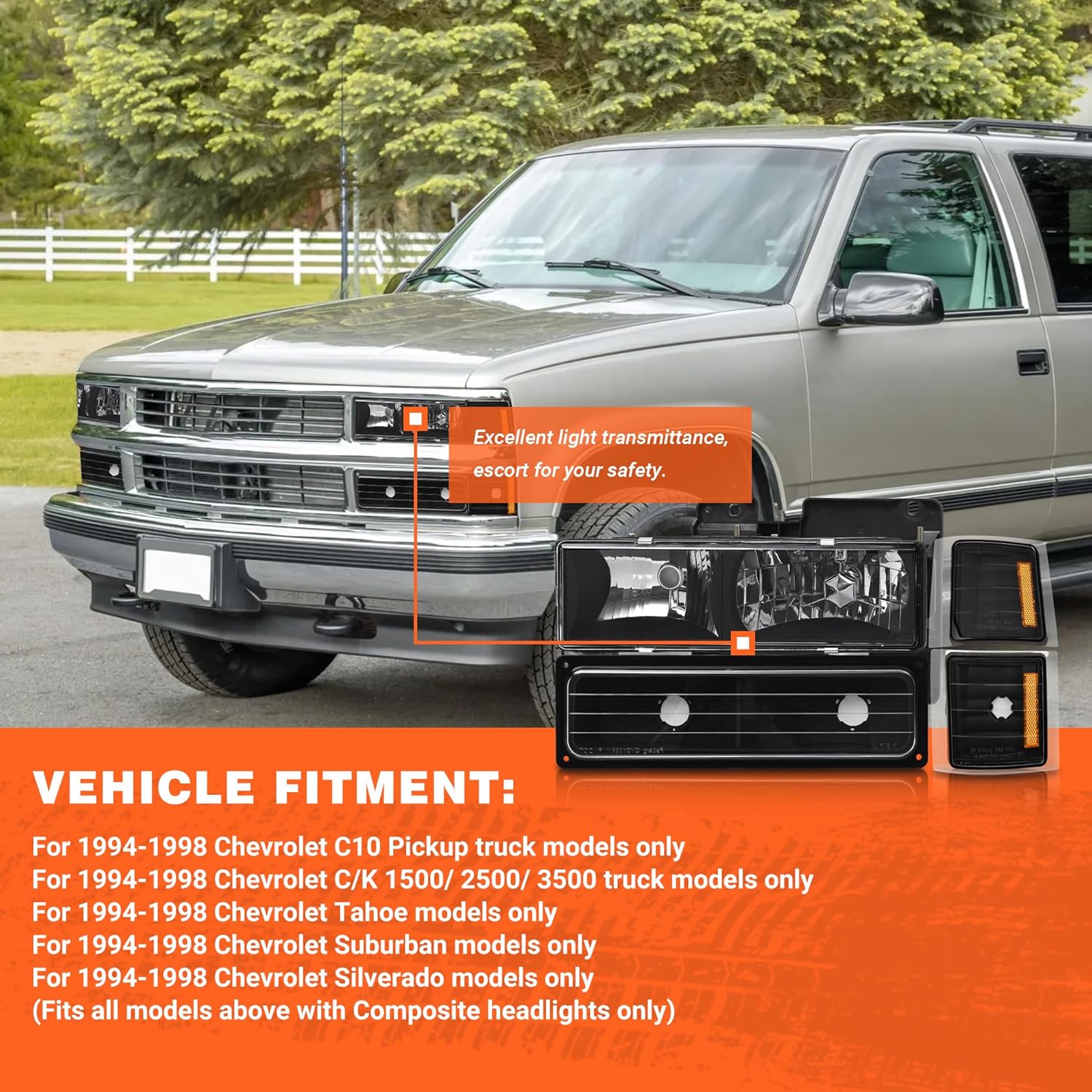 Headlights Assembly for 1994-1998 Chevy Silverado Compatible with 1994 1995 1996 1997 1998 Chevy Silverado/Tahoe/Suburban/C10 Black Housing Amber Reflector Driver and Passenger Side Pair