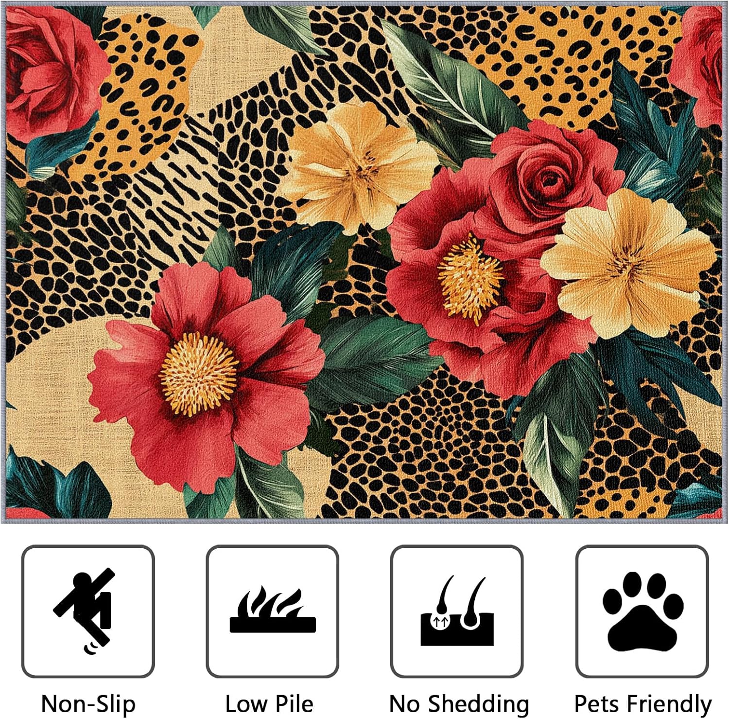 Leopard Print Indoor Rugs for Entryway - 2x3ft - Cheetah Print Flower Wild Romantic Washable Non Slip Low Pile Small Area Rug for Bedroom, Leopard Prints Carpet Home Decor