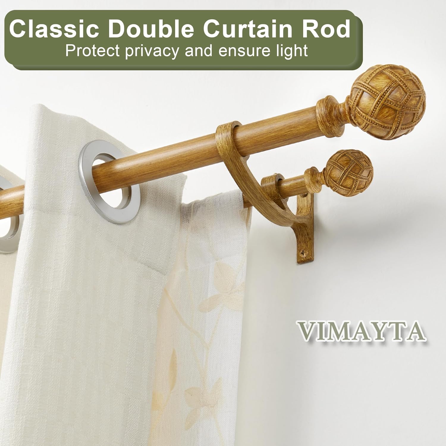 Double Curtain Rods 36 to 72 Inches(3-6feet) for Window, Adjustable Telescoping Drapery Rod with Aluminum Alloy Brackets, 1 Inch Diameter Front, 5/8 Inch Back Pipe, Light Yellow Woodgrain